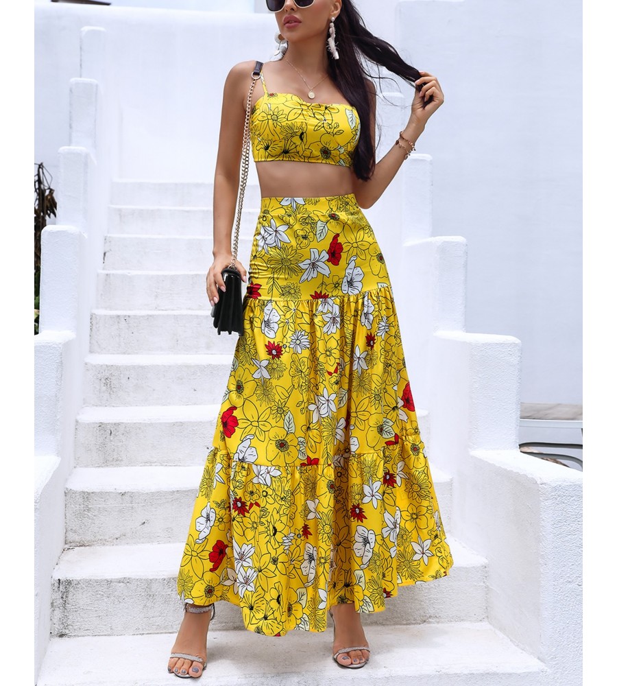 Two Piece Floral Print Crop Top And Maxi Skirt Set Spaghetti